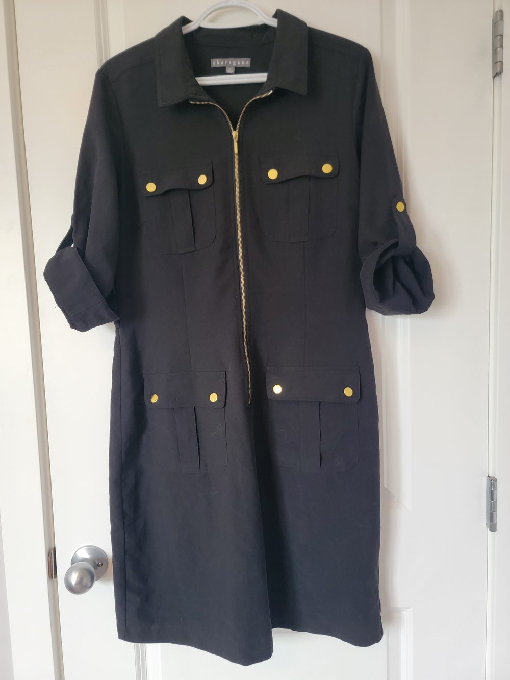 Sharagano Black Utility Jacket Dress with Gold Hardware